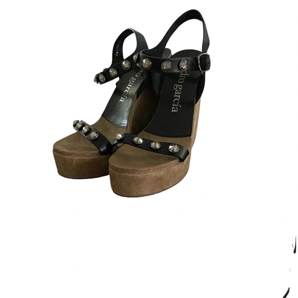 Pedro Garcia Black and Brown Platform Sandals with Ankle Straps Size 9